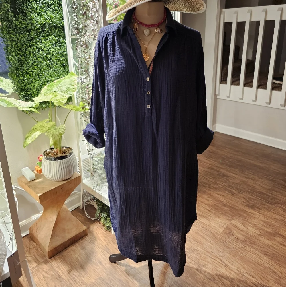 Sundry NWT Navy Blue Cotton Gauzy Navy Shirt Dress With Pockets. XL - Picture 6 of 10